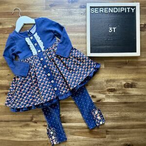 NEW Serendipity Clothing Co. Navy Blue Bloom Floral Dress Legging Knit Set 3T